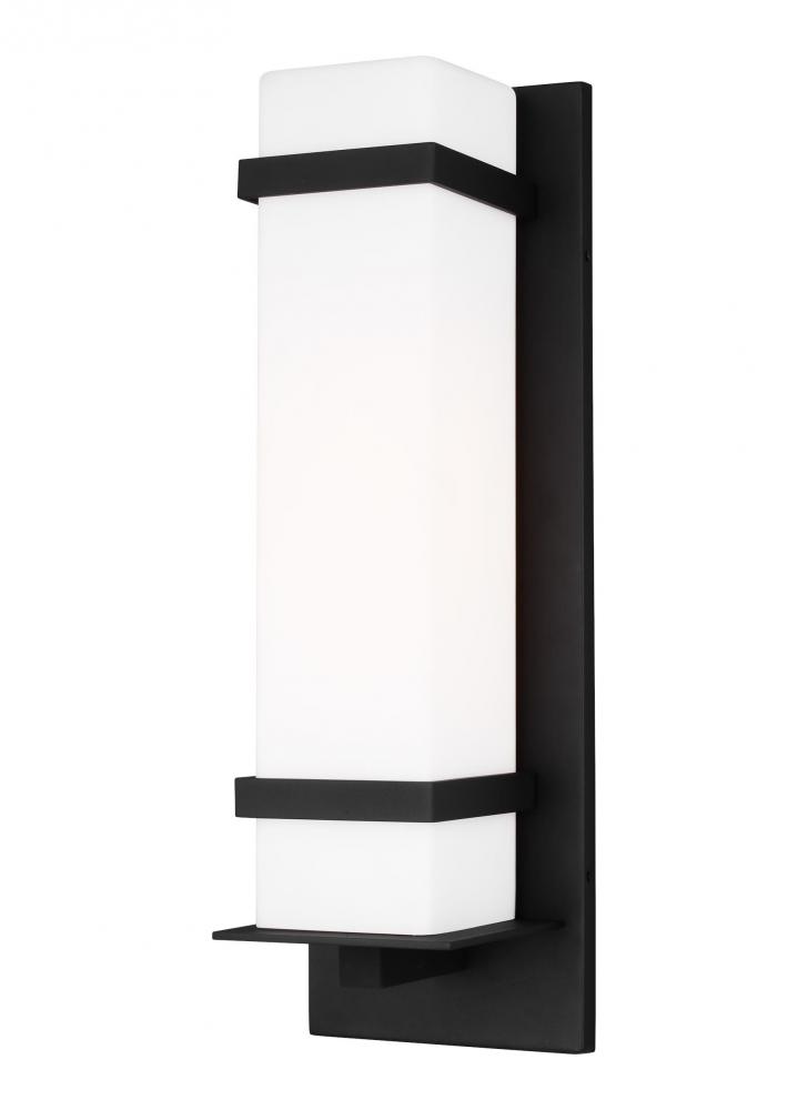 Alban modern 1-light LED outdoor exterior large square wall lantern sconce in black finish with etch